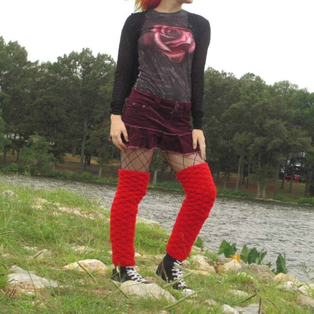 Red Checkerboard Knit Acrylic Leg Warmers Handmade Knit Punk Emo Goth - Picture 2 of 7